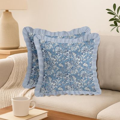 Conjunto 2 Capas de Almofada Twill 100% Algodão, Dupla Face, com Babado e Zíper, Floral, Estilo Farmhouse, sem Enchimento - Vargottam 40,64 Cm × 40,64 Cm – Pacote Com 2 / Azul