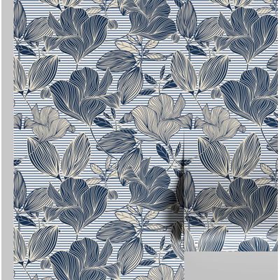 Rolo de Papel de Parede Vinílico Autoadesivo Removível Inspirado na Natureza, à Prova d'Água, Estampa Listrada Botânica Azul - S4sassy 63,5 cm (L) × 609,6 cm (C) / Azul - Vinil Liso