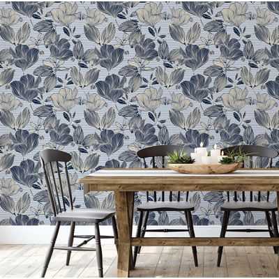 Rolo de Papel de Parede Vinílico Autoadesivo Removível Inspirado na Natureza, à Prova d'Água, Estampa Listrada Botânica Azul - S4sassy 63,5 cm (L) × 609,6 cm (C) / Azul - Vinil Liso