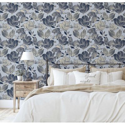 Rolo de Papel de Parede Vinílico Autoadesivo Removível Inspirado na Natureza, à Prova d'Água, Estampa Listrada Botânica Azul - S4sassy 63,5 cm (L) × 609,6 cm (C) / Azul - Vinil Liso