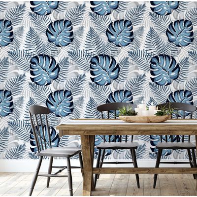 Vinil Autoadesivo Impermeável Estampa Monstera Jungle Chic Azul, Removível para Quartos, Salas, Armários e Espaços de Aluguel - S4Sassy 63,5 cm (L) × 304,8 cm (C) / Azul - Vinil Liso
