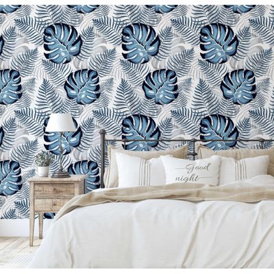 Vinil Autoadesivo Impermeável Estampa Monstera Jungle Chic Azul, Removível para Quartos, Salas, Armários e Espaços de Aluguel - S4Sassy 63,5 cm (L) × 304,8 cm (C) / Azul - Vinil Liso