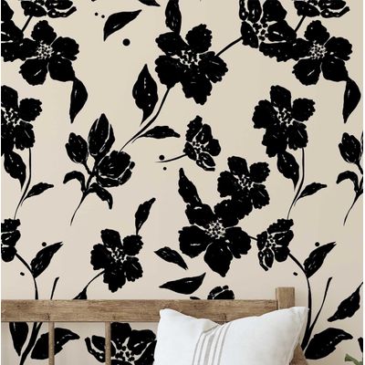 Papel de Parede Autoadesivo Removível Bege Floral, Mural Preto para Quarto, Banheiro, Lavanderia, Interior do Closet - S4Sassy 63,5 cm (L) × 304,8 cm (C) / Preto - Vinil Texturizado