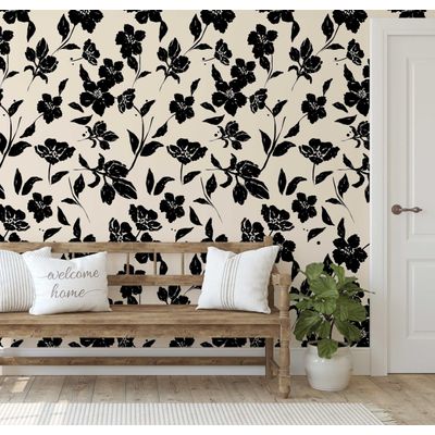 Papel de Parede Autoadesivo Removível Bege Floral, Mural Preto para Quarto, Banheiro, Lavanderia, Interior do Closet - S4Sassy 63,5 cm (L) × 304,8 cm (C) / Preto - Vinil Texturizado