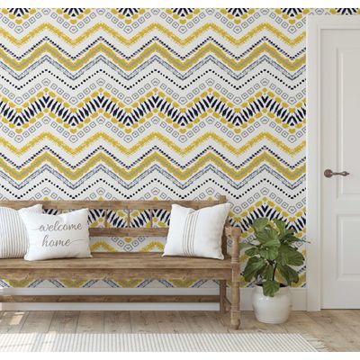 Revestimento de Parede Autoadesivo Zigzag Tribal em Vinil Removível, Mural Amarelo para Quarto, Banheiro, Lavanderia, Closet - S4Sassy 63,5 cm (L) × 914,4 cm (C) / Amarelo - Vinil Liso