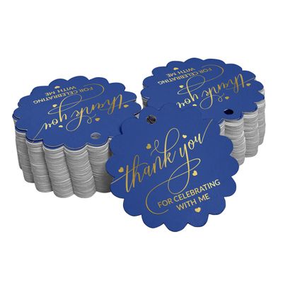 Etiquetas de Papel para Lembrancinha de Aniversário 'Obrigado por Celebrar Comigo' com Foil para Artesanato - Inkdotpot 100 Etiquetas Metalizadas / Azul - Dourado