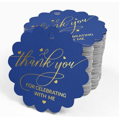 Etiquetas de Papel para Lembrancinha de Aniversário 'Obrigado por Celebrar Comigo' com Foil para Artesanato - Inkdotpot 100 Etiquetas Metalizadas / Azul - Dourado