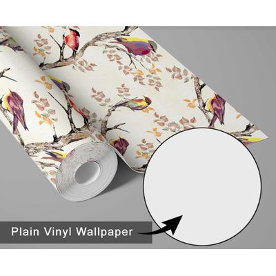 Papel de Parede Autoadesivo Vinílico Removível, Pássaros em Galho, Bege, Parede de Destaque na Entrada, Decoração Fácil - S4sassy 63,5 cm (L) × 609,6 cm (C) / Bege - Vinil Liso