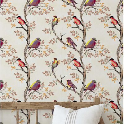Papel de Parede Autoadesivo Vinílico Removível, Pássaros em Galho, Bege, Parede de Destaque na Entrada, Decoração Fácil - S4sassy 63,5 cm (L) × 609,6 cm (C) / Bege - Vinil Liso
