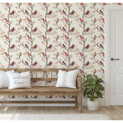 Papel de Parede Autoadesivo Vinílico Removível, Pássaros em Galho, Bege, Parede de Destaque na Entrada, Decoração Fácil - S4sassy 63,5 cm (L) × 609,6 cm (C) / Bege - Vinil Liso