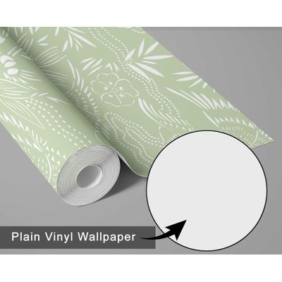 Papel de Parede Branco com Estampa Botânica Asiática, Vinil Autoadesivo, Revestimento Decorativo Fácil para Quarto e Sala, Verde - S4Sassy 63,5 cm (L) × 304,8 cm (C) / Verde - Vinil Liso