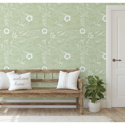Papel de Parede Branco com Estampa Botânica Asiática, Vinil Autoadesivo, Revestimento Decorativo Fácil para Quarto e Sala, Verde - S4Sassy 63,5 cm (L) × 304,8 cm (C) / Verde - Vinil Liso