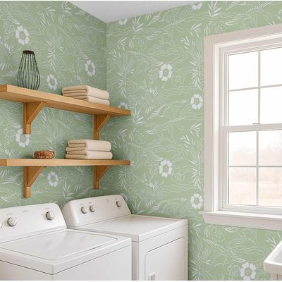 Papel de Parede Branco com Estampa Botânica Asiática, Vinil Autoadesivo, Revestimento Decorativo Fácil para Quarto e Sala, Verde - S4Sassy 63,5 cm (L) × 304,8 cm (C) / Verde - Vinil Liso