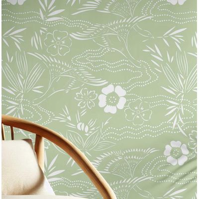Papel de Parede Branco com Estampa Botânica Asiática, Vinil Autoadesivo, Revestimento Decorativo Fácil para Quarto e Sala, Verde - S4Sassy 63,5 cm (L) × 304,8 cm (C) / Verde - Vinil Liso