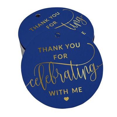 Etiqueta para Garrafa de Aniversário 'Obrigado por Celebrar Comigo' em Foil, Lembrancinha para Pendurar - Inkdotpot 100 Etiquetas Metalizadas / Azul - Ouro Rosé