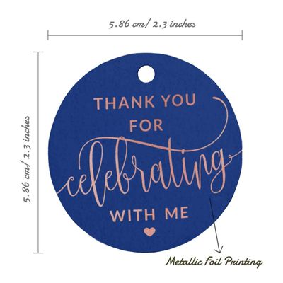 Etiqueta para Garrafa de Aniversário 'Obrigado por Celebrar Comigo' em Foil, Lembrancinha para Pendurar - Inkdotpot 100 Etiquetas Metalizadas / Azul - Ouro Rosé