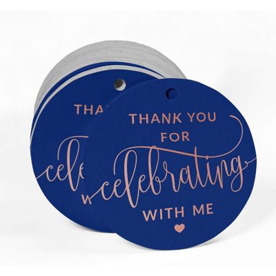 Etiqueta para Garrafa de Aniversário 'Obrigado por Celebrar Comigo' em Foil, Lembrancinha para Pendurar - Inkdotpot 100 Etiquetas Metalizadas / Azul - Ouro Rosé