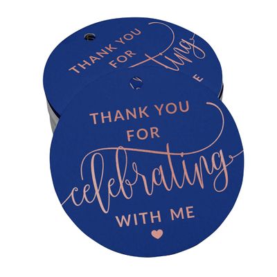 Etiqueta para Garrafa de Aniversário 'Obrigado por Celebrar Comigo' em Foil, Lembrancinha para Pendurar - Inkdotpot 100 Etiquetas Metalizadas / Azul - Ouro Rosé
