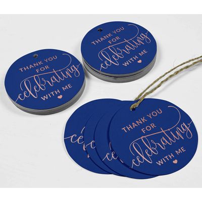 Etiqueta para Garrafa de Aniversário 'Obrigado por Celebrar Comigo' em Foil, Lembrancinha para Pendurar - Inkdotpot 100 Etiquetas Metalizadas / Azul - Ouro Rosé