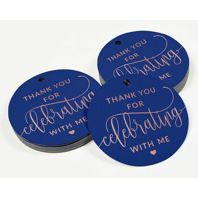 Etiqueta para Garrafa de Aniversário 'Obrigado por Celebrar Comigo' em Foil, Lembrancinha para Pendurar - Inkdotpot 100 Etiquetas Metalizadas / Azul - Ouro Rosé