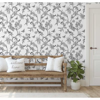 Papel de Parede Autoadesivo Botânico com Pássaros e Flores, Vinil Preto Removível DIY para Parede de Destaque na Entrada - S4sassy 63,5 cm (L) × 152,4 cm (C) / Preto - Vinil Liso