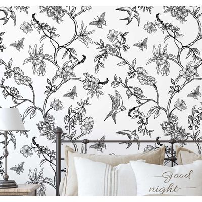 Papel de Parede Autoadesivo Botânico com Pássaros e Flores, Vinil Preto Removível DIY para Parede de Destaque na Entrada - S4sassy 63,5 cm (L) × 152,4 cm (C) / Preto - Vinil Liso