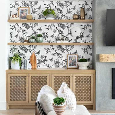 Papel de Parede Autoadesivo Botânico com Pássaros e Flores, Vinil Preto Removível DIY para Parede de Destaque na Entrada - S4sassy 63,5 cm (L) × 152,4 cm (C) / Preto - Vinil Liso
