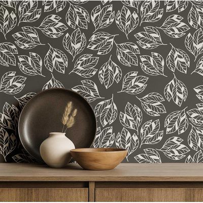 Papel de Parede Autoadesivo Folhas Abstratas Vinílico Impermeável Cinza, Removível, para Locatários, Quarto/Sala de Jantar - S4Sassy 63,5 cm (L) × 304,8 cm (C) / Cinza - Vinil Liso