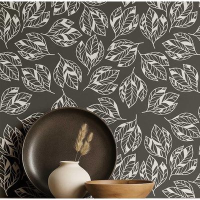 Papel de Parede Autoadesivo Folhas Abstratas Vinílico Impermeável Cinza, Removível, para Locatários, Quarto/Sala de Jantar - S4Sassy 63,5 cm (L) × 304,8 cm (C) / Cinza - Vinil Liso