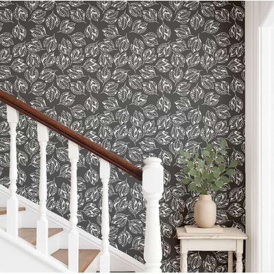 Papel de Parede Autoadesivo Folhas Abstratas Vinílico Impermeável Cinza, Removível, para Locatários, Quarto/Sala de Jantar - S4Sassy 63,5 cm (L) × 304,8 cm (C) / Cinza - Vinil Liso