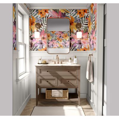 Papel de Parede Autoadesivo Removível, Mural Tropical Aquarela Jardim de Lírios Multicolorido para Banheiro, Lavanderia e Closet - S4Sassy 63,5 cm (L) × 914,4 cm (C) / Multicolorido - Vinil Liso