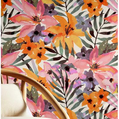Papel de Parede Autoadesivo Removível, Mural Tropical Aquarela Jardim de Lírios Multicolorido para Banheiro, Lavanderia e Closet - S4Sassy 63,5 cm (L) × 914,4 cm (C) / Multicolorido - Vinil Liso