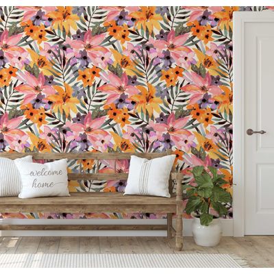 Papel de Parede Autoadesivo Removível, Mural Tropical Aquarela Jardim de Lírios Multicolorido para Banheiro, Lavanderia e Closet - S4Sassy 63,5 cm (L) × 914,4 cm (C) / Multicolorido - Vinil Liso