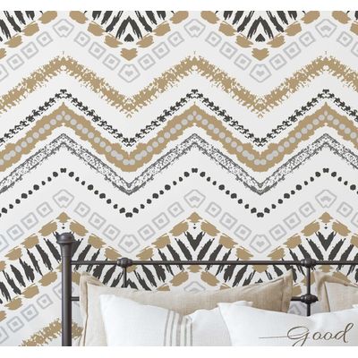 Revestimento Autoadesivo Removível em Vinil Zigzag Tribal — Mural Moderno Bege para Quarto, Banheiro, Lavanderia, Closet - S4Sassy 63,5 cm (L) × 914,4 cm (C) / Bege - Vinil Liso