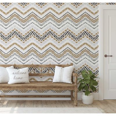 Revestimento Autoadesivo Removível em Vinil Zigzag Tribal — Mural Moderno Bege para Quarto, Banheiro, Lavanderia, Closet - S4Sassy 63,5 cm (L) × 914,4 cm (C) / Bege - Vinil Liso