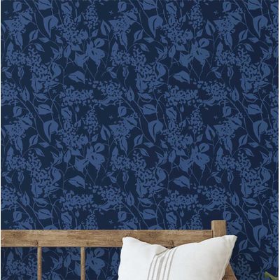 Papel de Parede Autoadesivo Estampa Botânica Azul, Mural, Papel Contact para Paredes, Destaque para Entrada e Escritório, Solução - S4sassy 63,5 cm (L) × 152,4 cm (C) / Azul - Vinil Texturizado