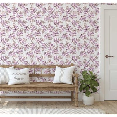 Papel de Parede Autoadesivo com Estampa de Samambaia Botânica Rosa, Vinil Removível DIY para Parede de Entrada, Decoração - S4sassy 63,5 cm (L) × 304,8 cm (C) / Rosa - Vinil Liso