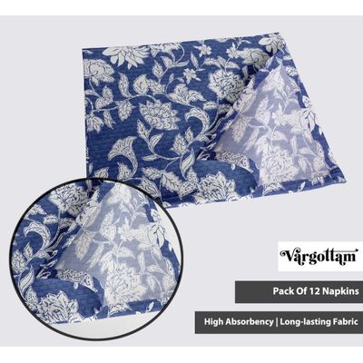 Guardanapos de Algodão, Estampa Floral em Bloco Artesanal, 51 x 51 cm, Azul com Detalhes Brancos, Jogo de 4, Lavável à Máquina - Vargottam 50,8 Cm × 50,8 Cm – Pacote Com 12 Peças / Azul