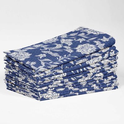 Guardanapos de Algodão, Estampa Floral em Bloco Artesanal, 51 x 51 cm, Azul com Detalhes Brancos, Jogo de 4, Lavável à Máquina - Vargottam 50,8 Cm × 50,8 Cm – Pacote Com 12 Peças / Azul