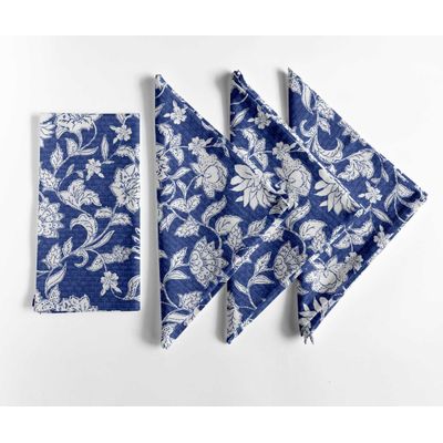 Guardanapos de Algodão, Estampa Floral em Bloco Artesanal, 51 x 51 cm, Azul com Detalhes Brancos, Jogo de 4, Lavável à Máquina - Vargottam 50,8 Cm × 50,8 Cm – Pacote Com 12 Peças / Azul