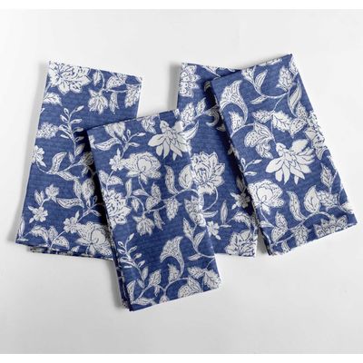 Guardanapos de Algodão, Estampa Floral em Bloco Artesanal, 51 x 51 cm, Azul com Detalhes Brancos, Jogo de 4, Lavável à Máquina - Vargottam 50,8 Cm × 50,8 Cm – Pacote Com 12 Peças / Azul