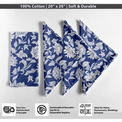 Guardanapos de Algodão, Estampa Floral em Bloco Artesanal, 51 x 51 cm, Azul com Detalhes Brancos, Jogo de 4, Lavável à Máquina - Vargottam 50,8 Cm × 50,8 Cm – Pacote Com 12 Peças / Azul