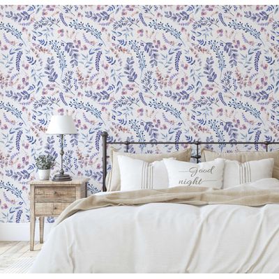 Papel de Parede Vinílico Autoadesivo Botânico Azul com Folhas Aquareladas, Decoração DIY Fácil para Quarto e Sala - S4Sassy 63,5 cm (L) × 304,8 cm (C) / Azul - Vinil Liso