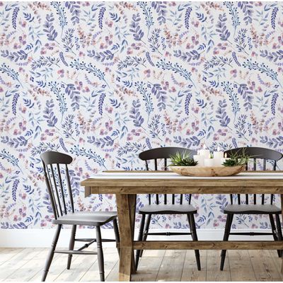 Papel de Parede Vinílico Autoadesivo Botânico Azul com Folhas Aquareladas, Decoração DIY Fácil para Quarto e Sala - S4Sassy 63,5 cm (L) × 304,8 cm (C) / Azul - Vinil Liso