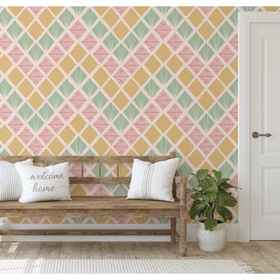 Papel de Parede Vinílico Autoadesivo, Estampa Geométrica Retrô Diamante Verde, Impermeável e Removível para Quartos e Salas - S4Sassy 63,5 cm (L) × 914,4 cm (C) / Verde - Vinil Liso