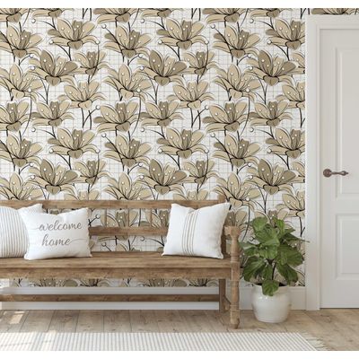 Papel de Parede Vinílico Autoadesivo Removível Inspirado na Natureza, À Prova d'Água, Mosaico Abstrato de Lírio, Bege - S4Sassy 63,5 cm (L) × 304,8 cm (C) / Bege - Vinil Liso
