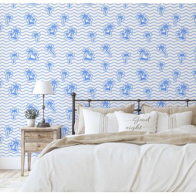 Papel de Parede Vinílico Autoadesivo Removível Estampa Ilha de Palmeiras Amarela para Banheiro, Lavanderia e Closet - S4Sassy 63,5 cm (L) × 152,4 cm (C) / Amarelo - Vinil Liso