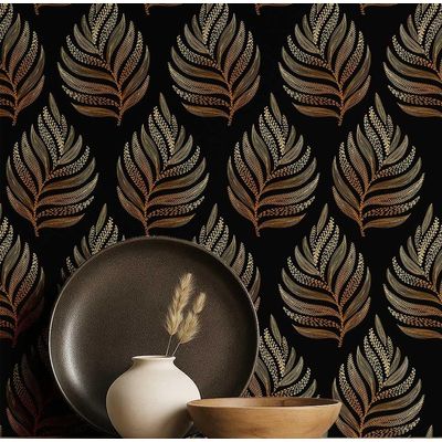 Papel de Parede Autoadesivo Padrão Samambaia, Vinílico Impermeável, Preto, Removível, Ideal para Quarto e Sala de Jantar - S4Sassy 63,5 cm (L) × 609,6 cm (C) / Preto - Vinil Texturizado