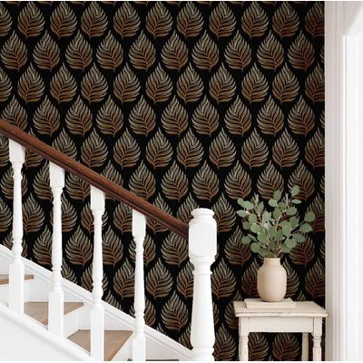 Papel de Parede Autoadesivo Padrão Samambaia, Vinílico Impermeável, Preto, Removível, Ideal para Quarto e Sala de Jantar - S4Sassy 63,5 cm (L) × 609,6 cm (C) / Preto - Vinil Texturizado