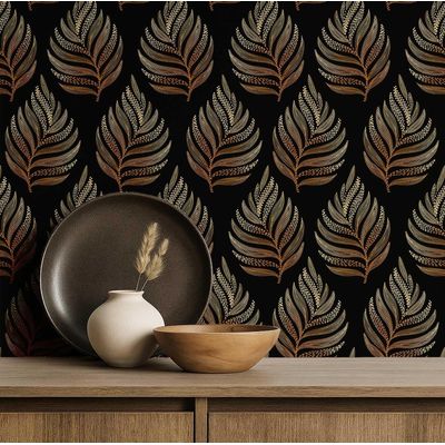 Papel de Parede Autoadesivo Padrão Samambaia, Vinílico Impermeável, Preto, Removível, Ideal para Quarto e Sala de Jantar - S4Sassy 63,5 cm (L) × 609,6 cm (C) / Preto - Vinil Texturizado